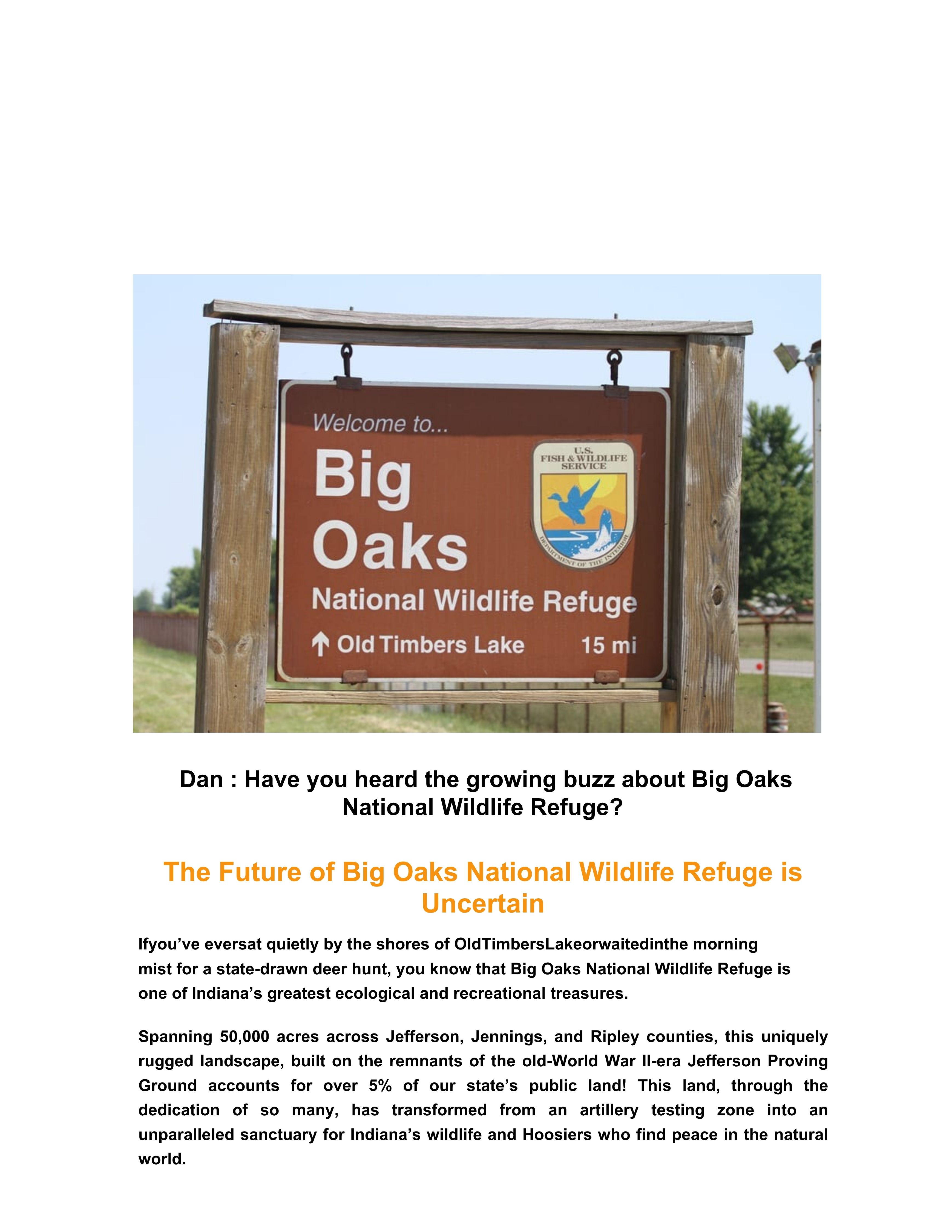 Welcome to Big Oaks National Wildlife Refuge sign mounted on a wooden frame against a blue sky and greenery in the background (U.S. Fish & Wildlife Service logo visible).